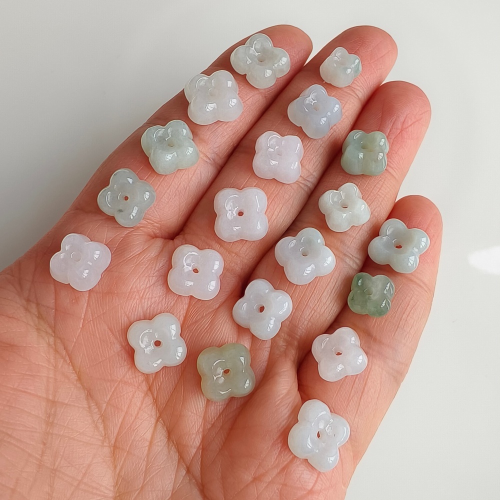 5pcs Natural Certificated Type A Untreated 7.5-10mm Light Green And White Burmese Jadeite Flowers Beads ,Myanmar Jadeite Beads,DIY Jewelry Supplies