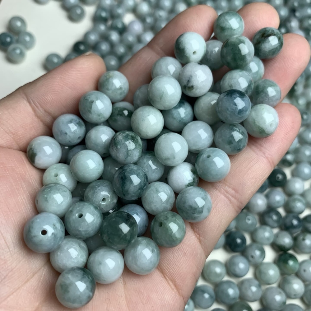 10pcs 10mm Natural Type A Moss In Snow Jadeite Smooth Round Beads,Burma Jadeite Loose Ball Beads,DIY Jewelry Supplies
