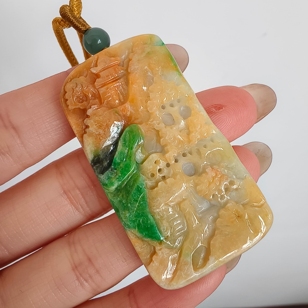 Unique Certificated Natural Hand Carved Yellow Color Heated 48X27X7mm Burmese Jadeite Rectangle Pendant With Landscape Carved,DIY Jewelry Supplies