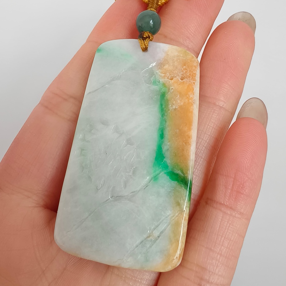 Unique Certificated Natural Hand Carved Yellow Color Heated 48X27X7mm Burmese Jadeite Rectangle Pendant With Landscape Carved,DIY Jewelry Supplies