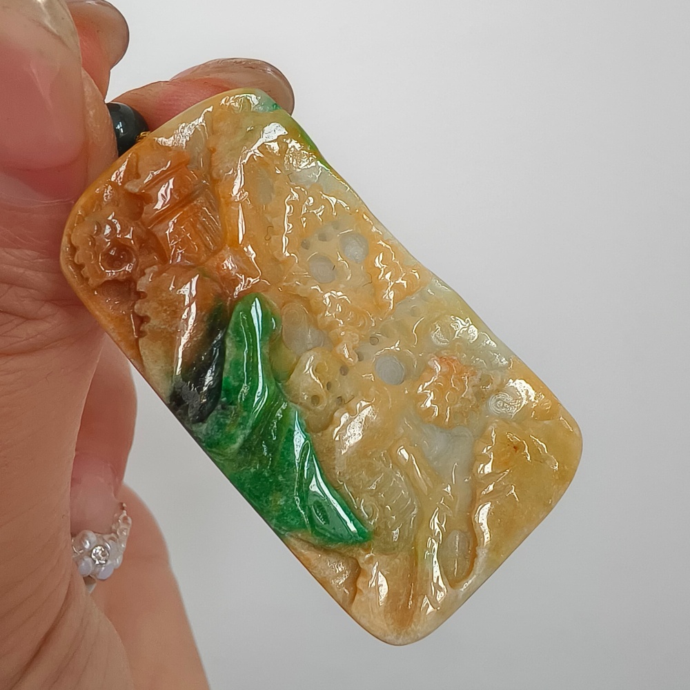 Unique Certificated Natural Hand Carved Yellow Color Heated 48X27X7mm Burmese Jadeite Rectangle Pendant With Landscape Carved,DIY Jewelry Supplies