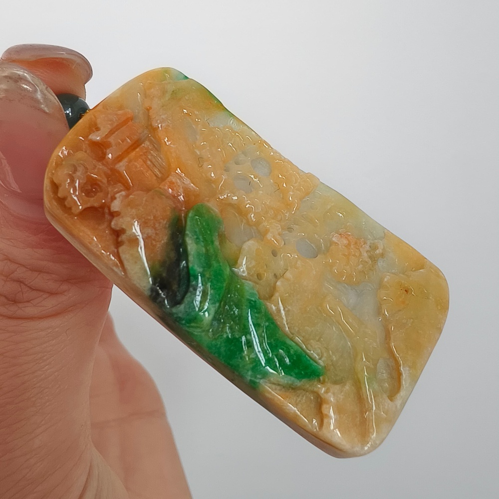 Unique Certificated Natural Hand Carved Yellow Color Heated 48X27X7mm Burmese Jadeite Rectangle Pendant With Landscape Carved,DIY Jewelry Supplies
