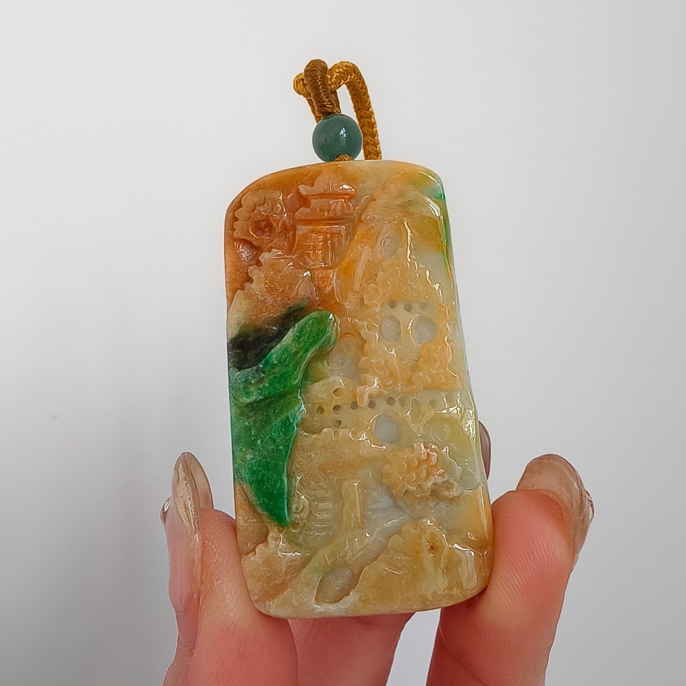 Unique Certificated Natural Hand Carved Yellow Color Heated 48X27X7mm Burmese Jadeite Rectangle Pendant With Landscape Carved,DIY Jewelry Supplies