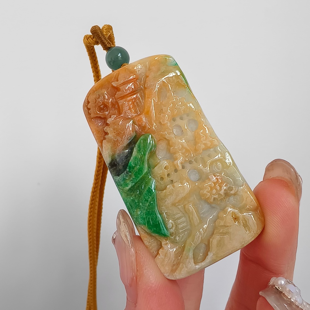 Unique Certificated Natural Hand Carved Yellow Color Heated 48X27X7mm Burmese Jadeite Rectangle Pendant With Landscape Carved,DIY Jewelry Supplies