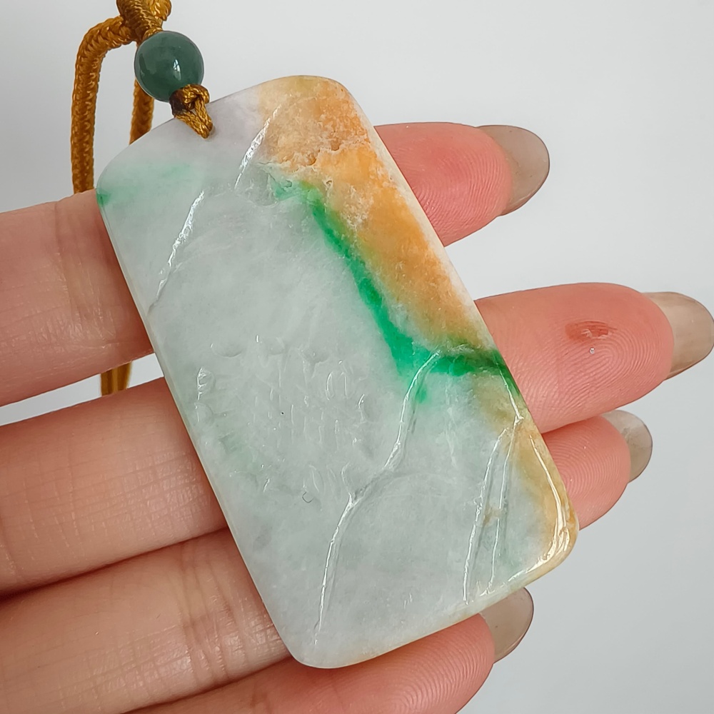 Unique Certificated Natural Hand Carved Yellow Color Heated 48X27X7mm Burmese Jadeite Rectangle Pendant With Landscape Carved,DIY Jewelry Supplies