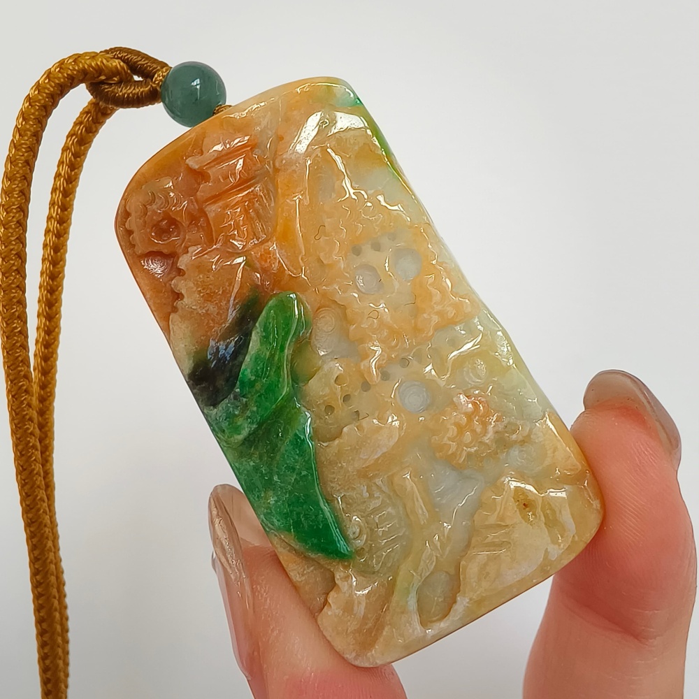 Unique Certificated Natural Hand Carved Yellow Color Heated 48X27X7mm Burmese Jadeite Rectangle Pendant With Landscape Carved,DIY Jewelry Supplies