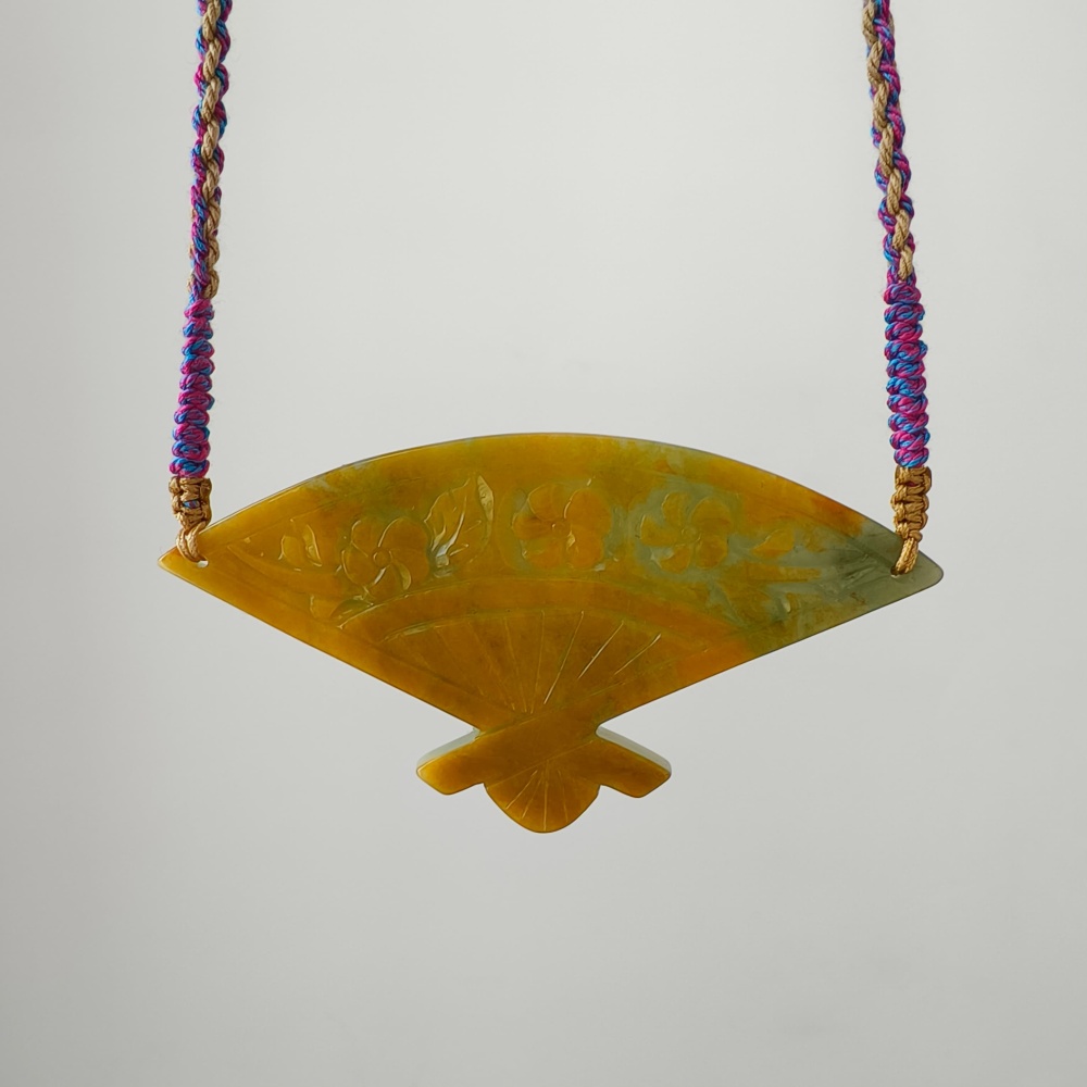 DDP | Unique Certificated Natural Hand Carved Yellow Color Heated 46X88X5mm Burmese Jadeite Fan Pendant With Flowers Carved,DIY Jewelry Supplies