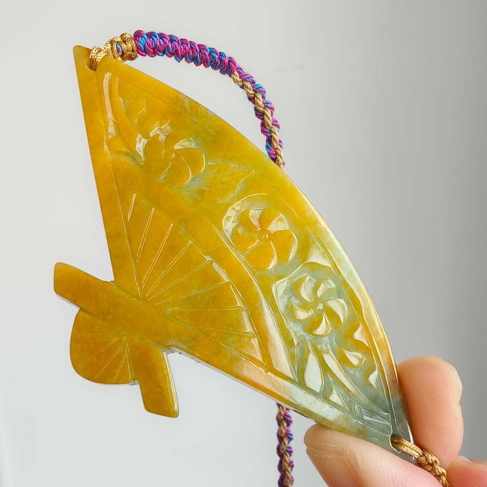 DDP | Unique Certificated Natural Hand Carved Yellow Color Heated 46X88X5mm Burmese Jadeite Fan Pendant With Flowers Carved,DIY Jewelry Supplies