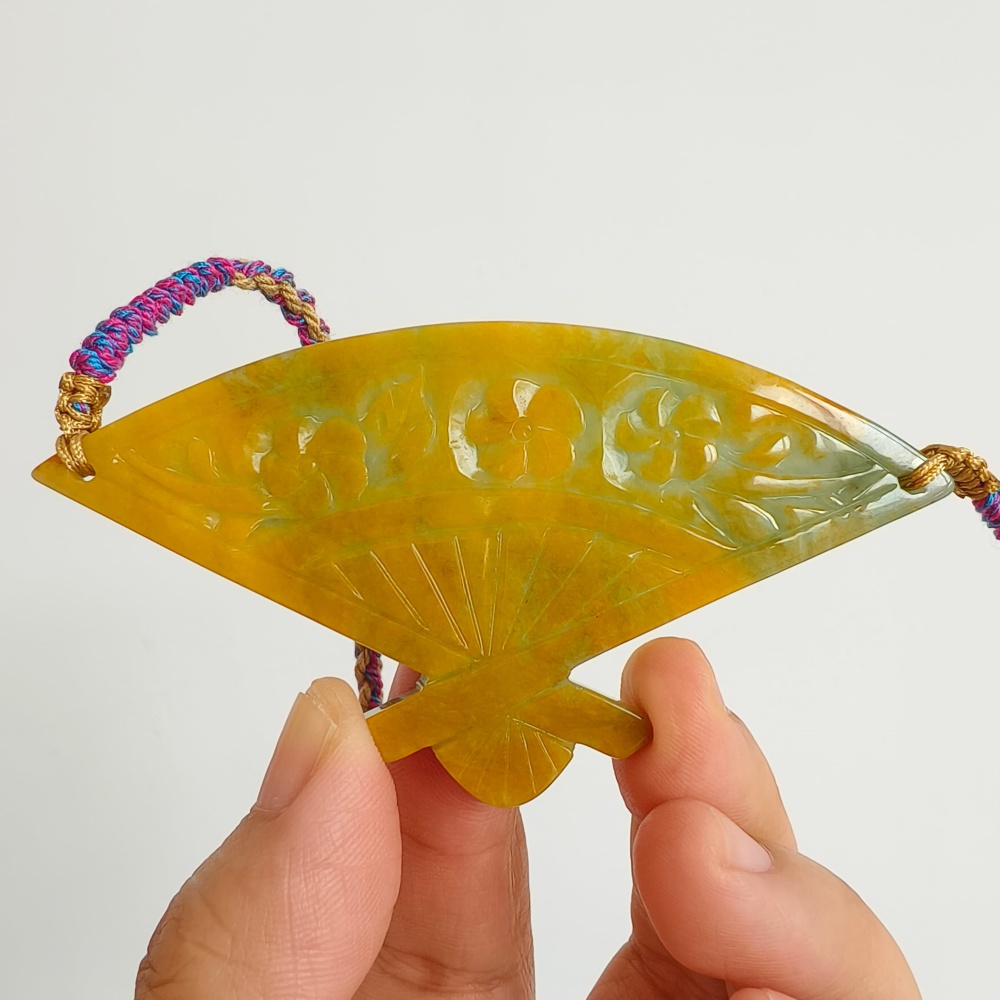 DDP | Unique Certificated Natural Hand Carved Yellow Color Heated 46X88X5mm Burmese Jadeite Fan Pendant With Flowers Carved,DIY Jewelry Supplies