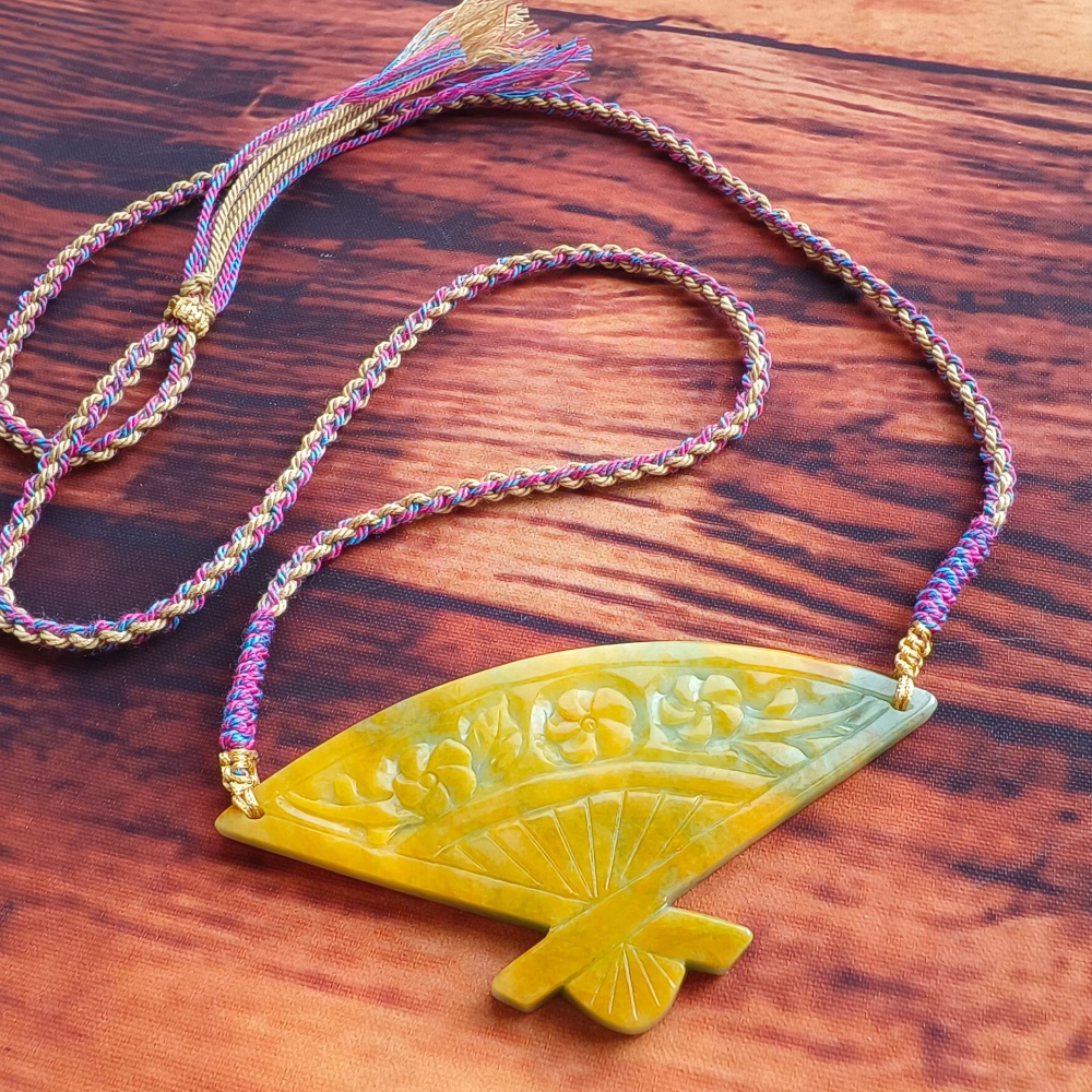 DDP | Unique Certificated Natural Hand Carved Yellow Color Heated 46X88X5mm Burmese Jadeite Fan Pendant With Flowers Carved,DIY Jewelry Supplies