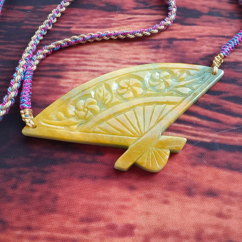 DDP | Unique Certificated Natural Hand Carved Yellow Color Heated 46X88X5mm Burmese Jadeite Fan Pendant With Flowers Carved,DIY Jewelry Supplies