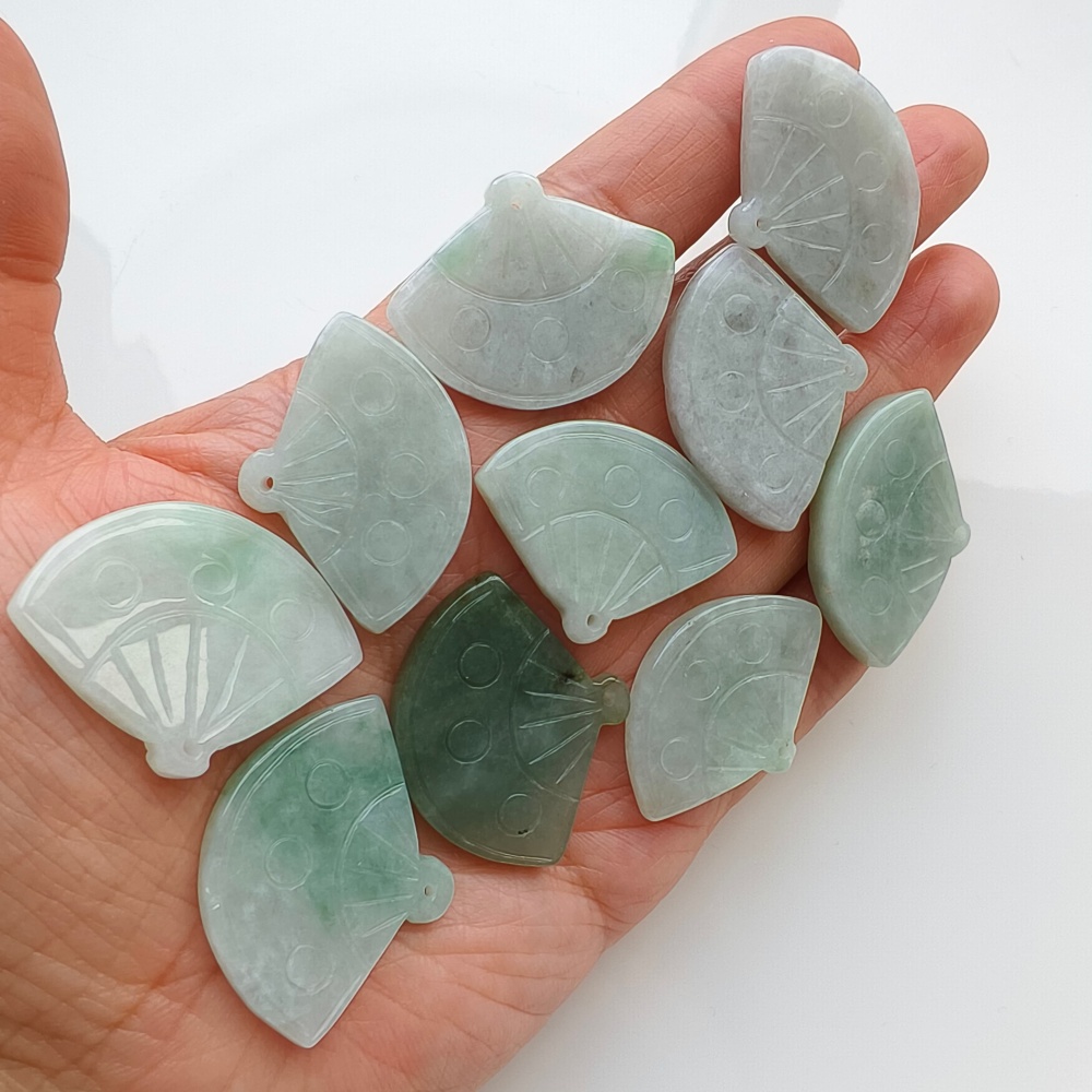 DDP | 2pcs Natural Certificated Type A Green White 22-27X32-35X4-5mm Icy Waxy Burmese Jadeite Fan Pendant,DIY Jewelry Supplies