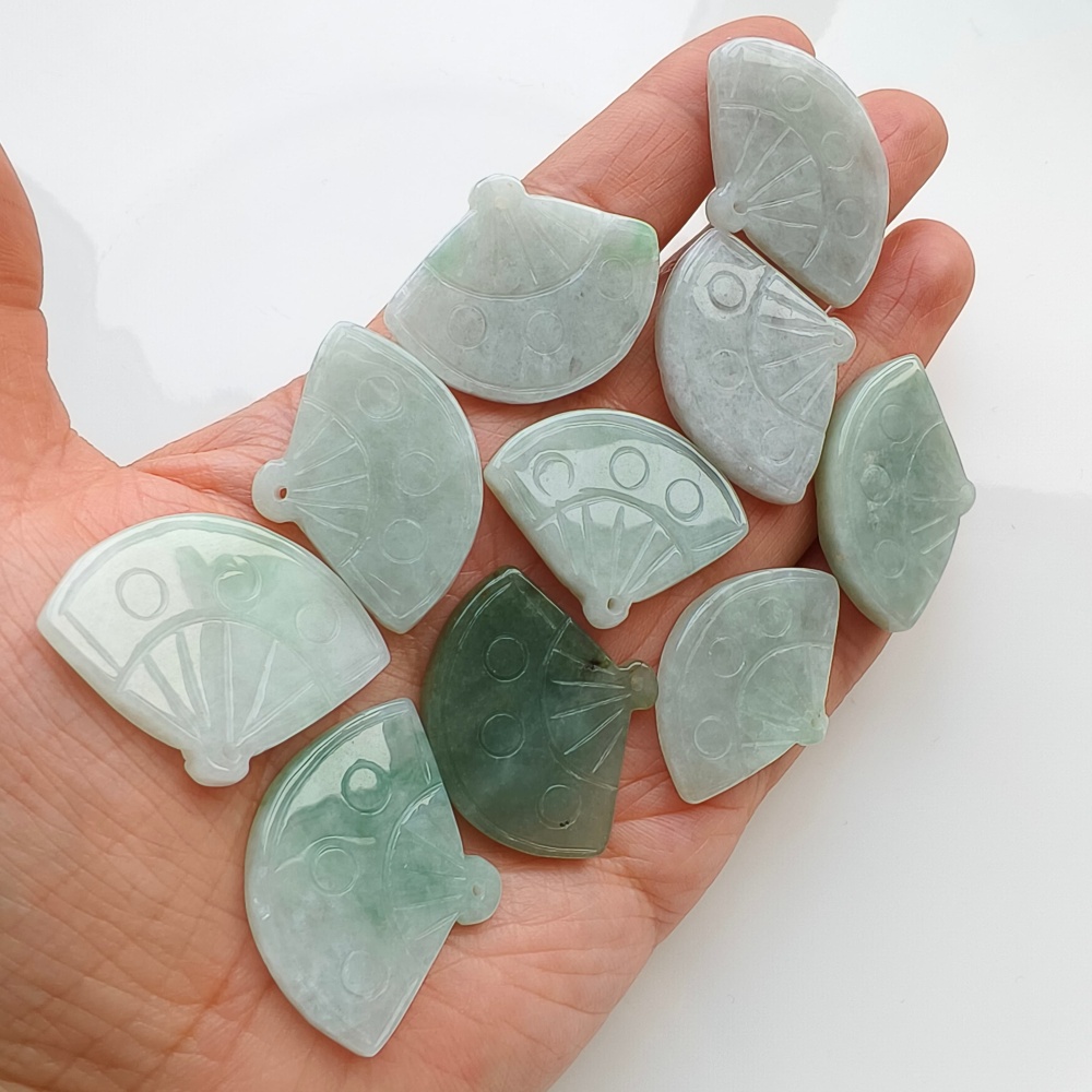 DDP | 2pcs Natural Certificated Type A Green White 22-27X32-35X4-5mm Icy Waxy Burmese Jadeite Fan Pendant,DIY Jewelry Supplies