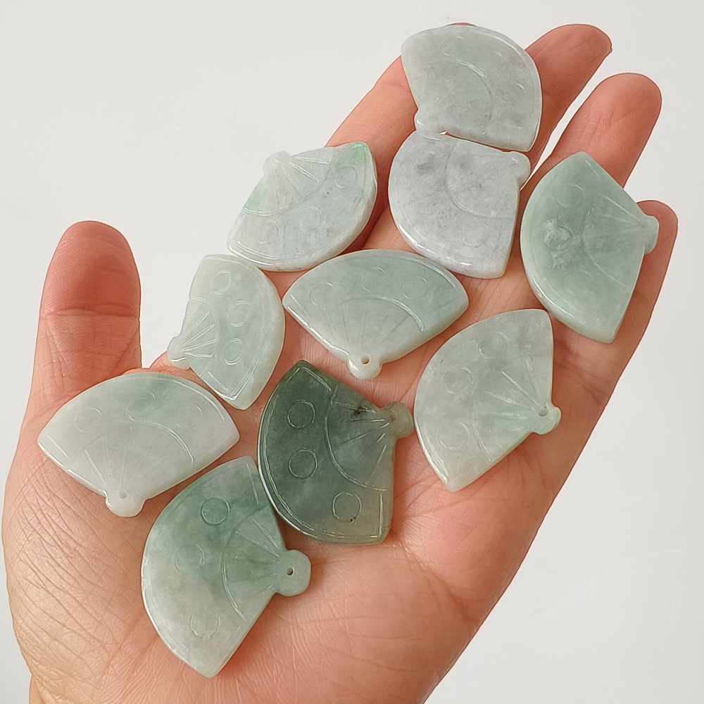 DDP | 2pcs Natural Certificated Type A Green White 22-27X32-35X4-5mm Icy Waxy Burmese Jadeite Fan Pendant,DIY Jewelry Supplies