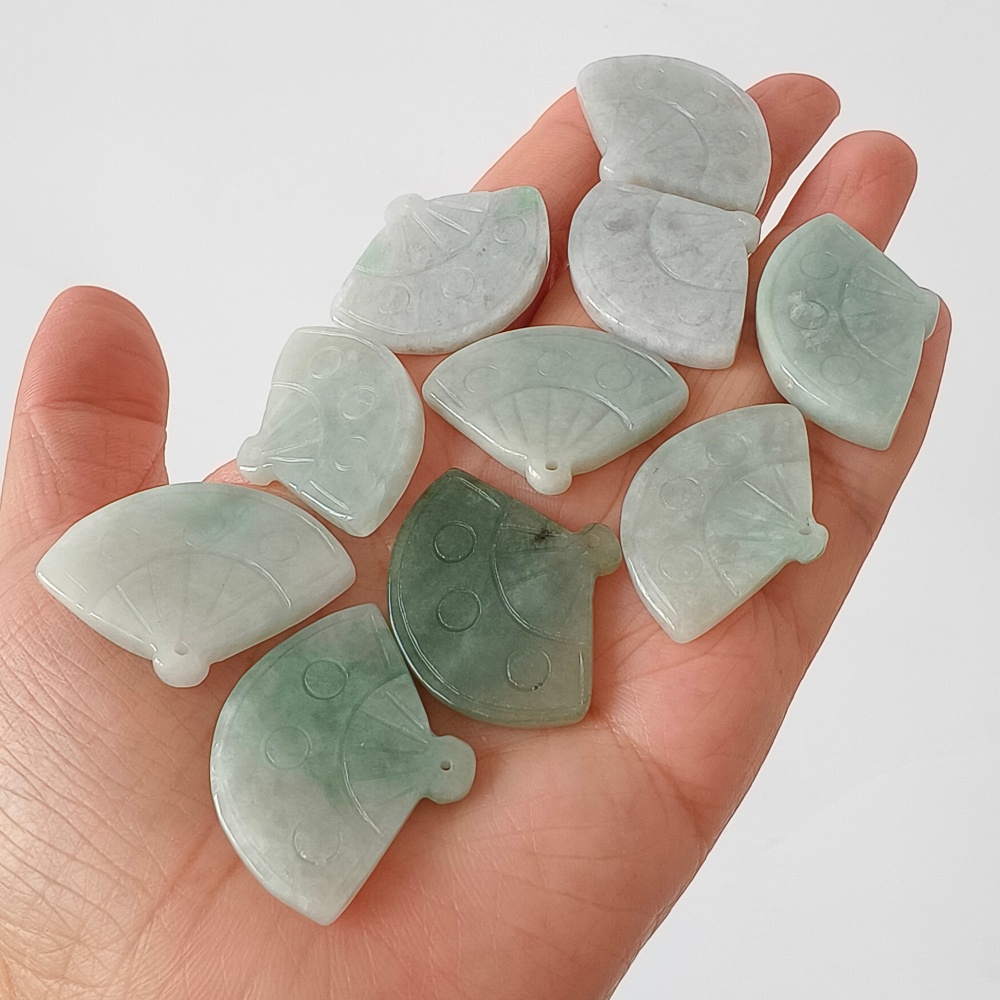 DDP | 2pcs Natural Certificated Type A Green White 22-27X32-35X4-5mm Icy Waxy Burmese Jadeite Fan Pendant,DIY Jewelry Supplies