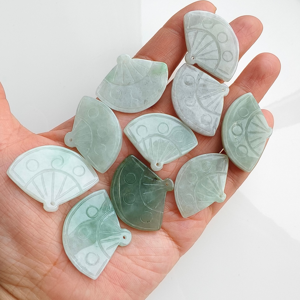 DDP | 2pcs Natural Certificated Type A Green White 22-27X32-35X4-5mm Icy Waxy Burmese Jadeite Fan Pendant,DIY Jewelry Supplies