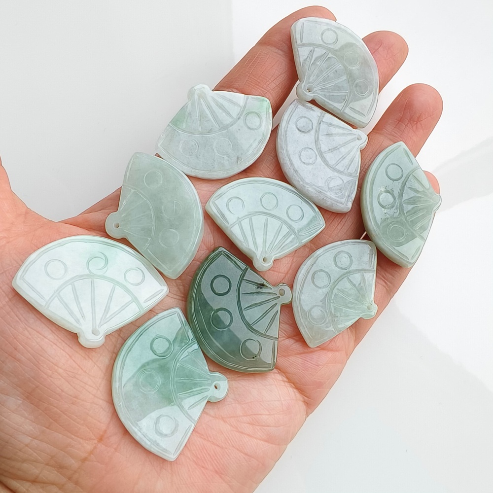 DDP | 2pcs Natural Certificated Type A Green White 22-27X32-35X4-5mm Icy Waxy Burmese Jadeite Fan Pendant,DIY Jewelry Supplies