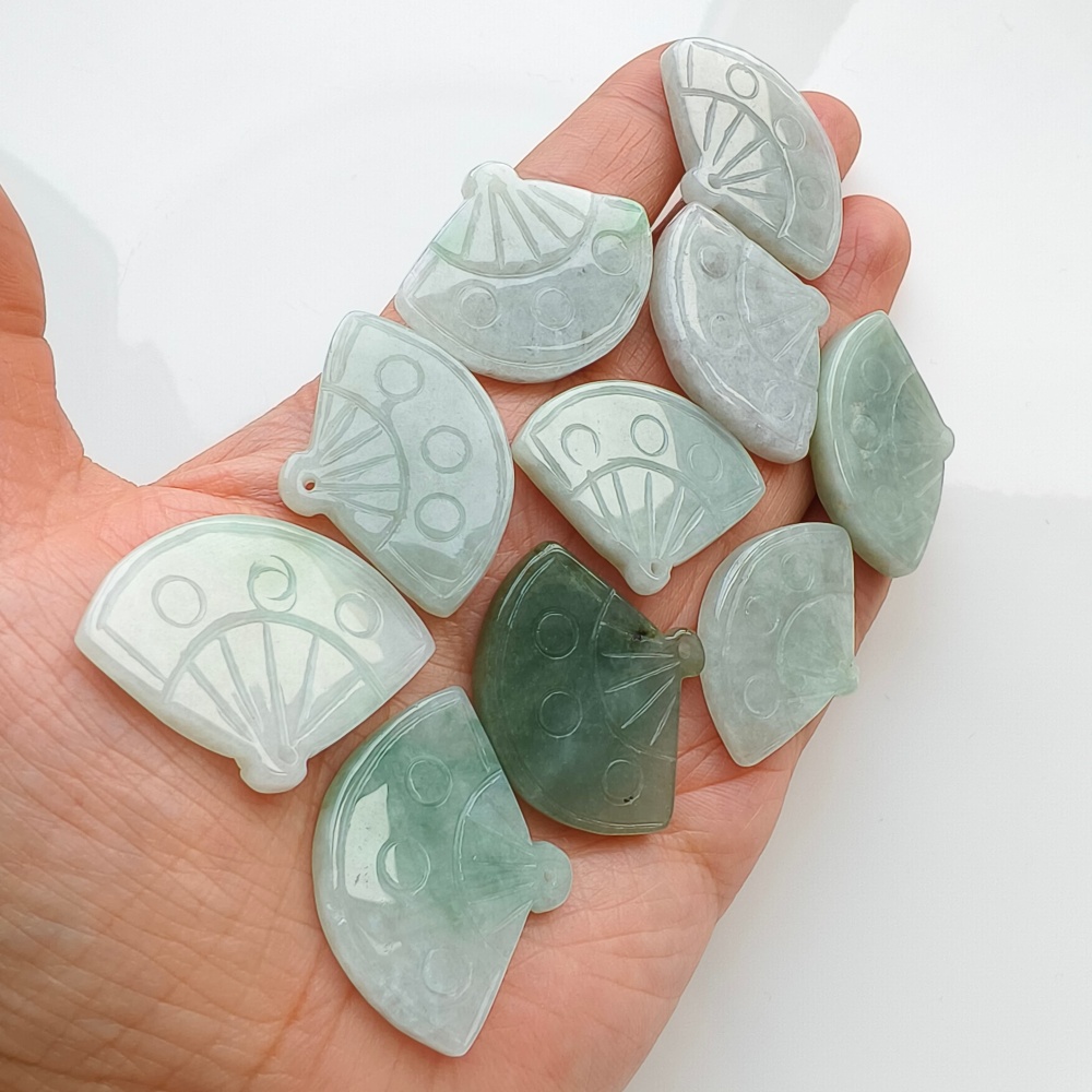 DDP | 2pcs Natural Certificated Type A Green White 22-27X32-35X4-5mm Icy Waxy Burmese Jadeite Fan Pendant,DIY Jewelry Supplies