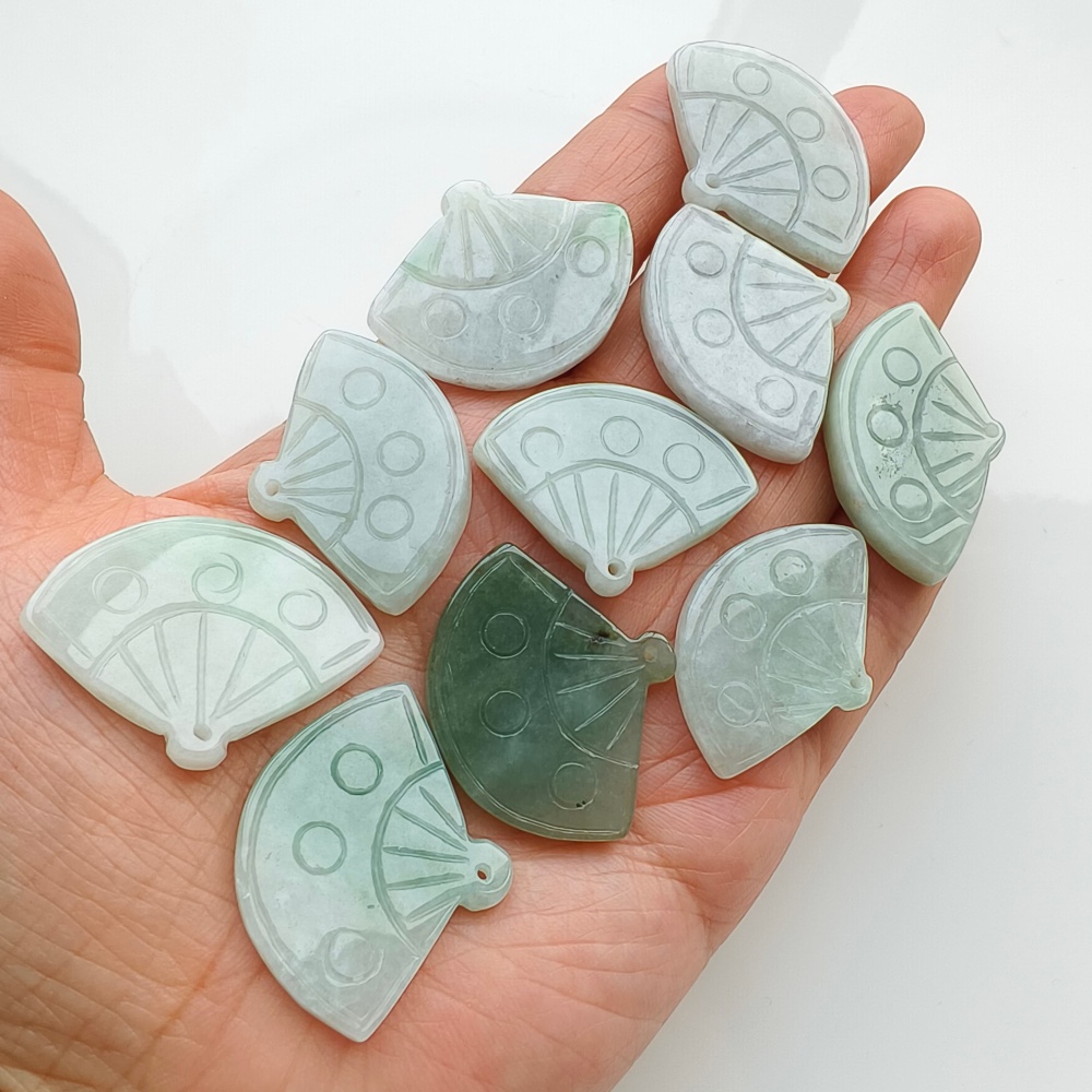 DDP | 2pcs Natural Certificated Type A Green White 22-27X32-35X4-5mm Icy Waxy Burmese Jadeite Fan Pendant,DIY Jewelry Supplies