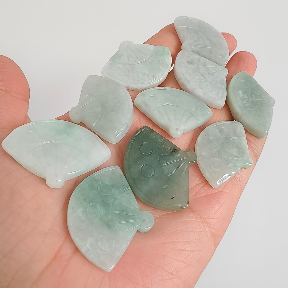 DDP | 2pcs Natural Certificated Type A Green White 22-27X32-35X4-5mm Icy Waxy Burmese Jadeite Fan Pendant,DIY Jewelry Supplies