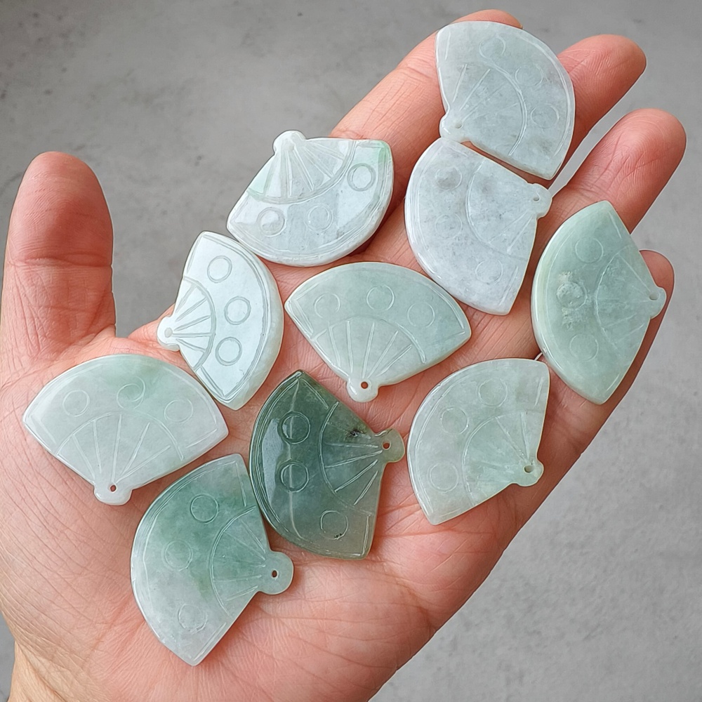 DDP | 2pcs Natural Certificated Type A Green White 22-27X32-35X4-5mm Icy Waxy Burmese Jadeite Fan Pendant,DIY Jewelry Supplies