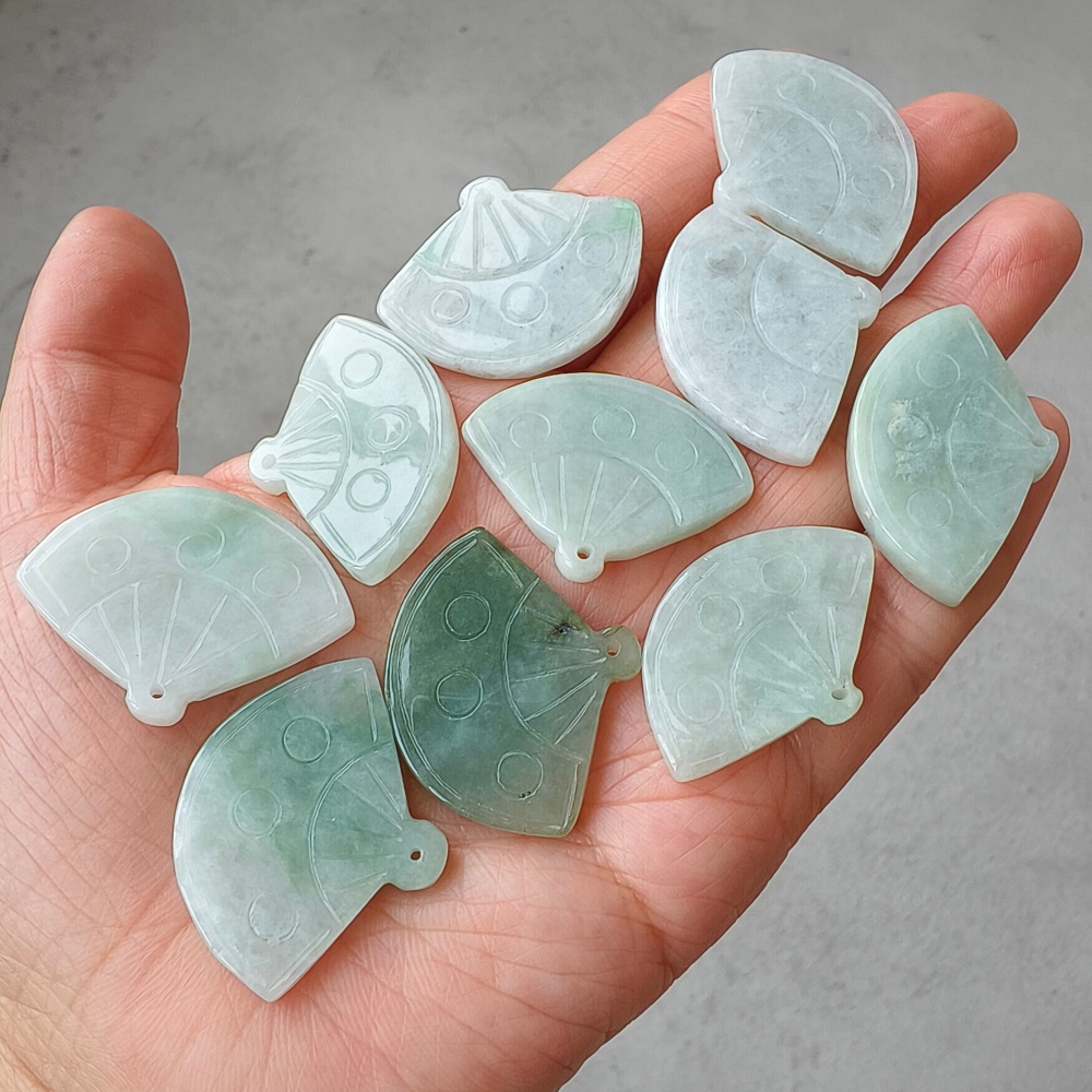 DDP | 2pcs Natural Certificated Type A Green White 22-27X32-35X4-5mm Icy Waxy Burmese Jadeite Fan Pendant,DIY Jewelry Supplies