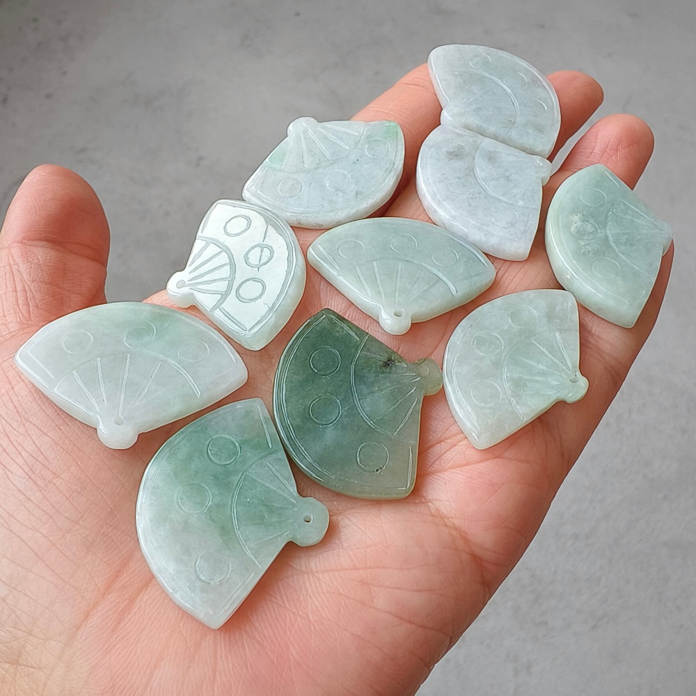 DDP | 2pcs Natural Certificated Type A Green White 22-27X32-35X4-5mm Icy Waxy Burmese Jadeite Fan Pendant,DIY Jewelry Supplies