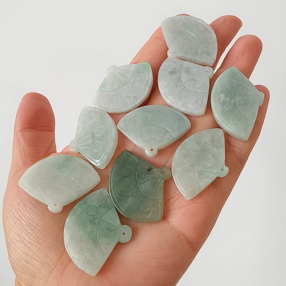 DDP | 2pcs Natural Certificated Type A Green White 22-27X32-35X4-5mm Icy Waxy Burmese Jadeite Fan Pendant,DIY Jewelry Supplies
