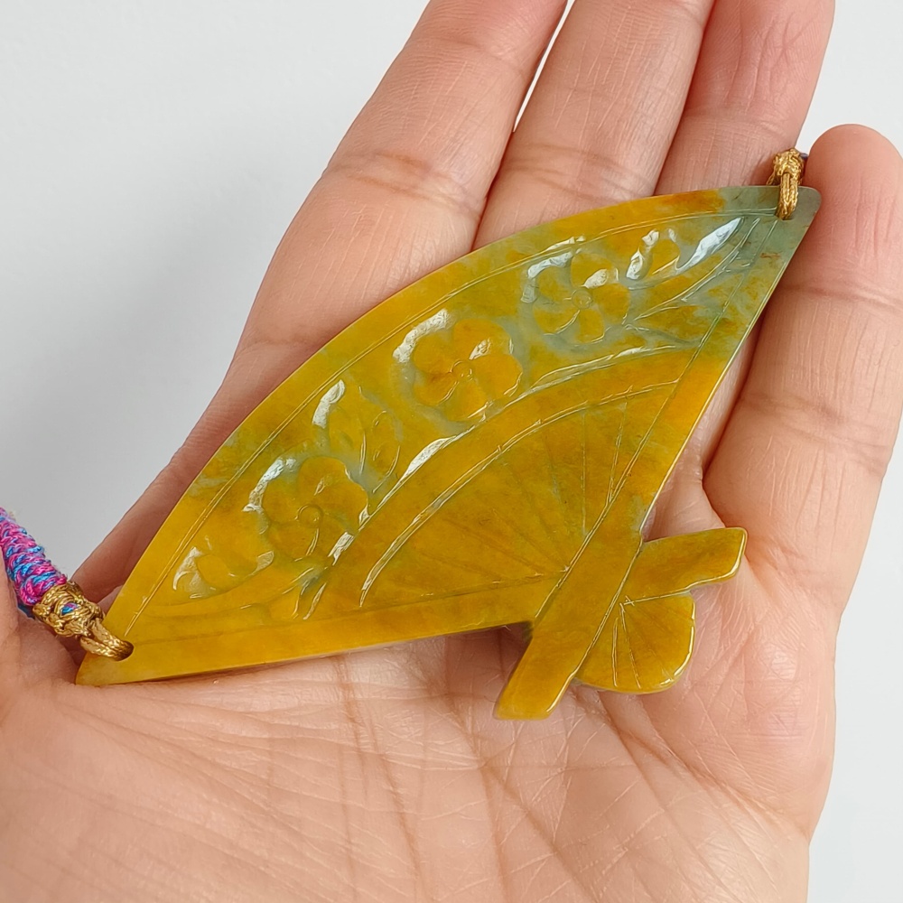 DDP | Unique Certificated Natural Hand Carved Yellow Color Heated 46X88X5mm Burmese Jadeite Fan Pendant With Flowers Carved,DIY Jewelry Supplies