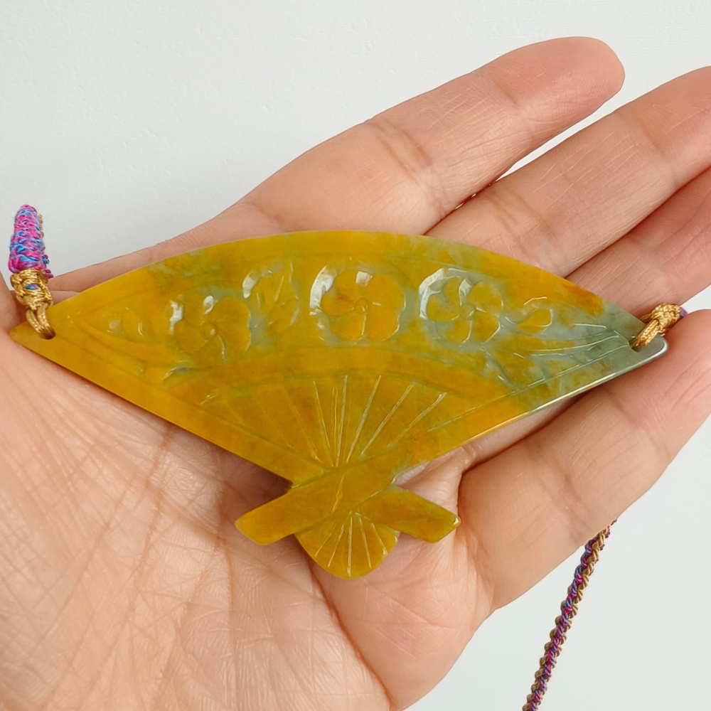 DDP | Unique Certificated Natural Hand Carved Yellow Color Heated 46X88X5mm Burmese Jadeite Fan Pendant With Flowers Carved,DIY Jewelry Supplies