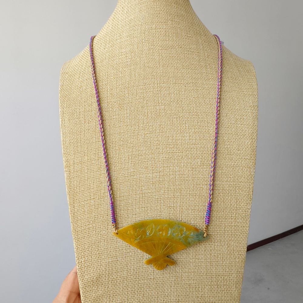 DDP | Unique Certificated Natural Hand Carved Yellow Color Heated 46X88X5mm Burmese Jadeite Fan Pendant With Flowers Carved,DIY Jewelry Supplies
