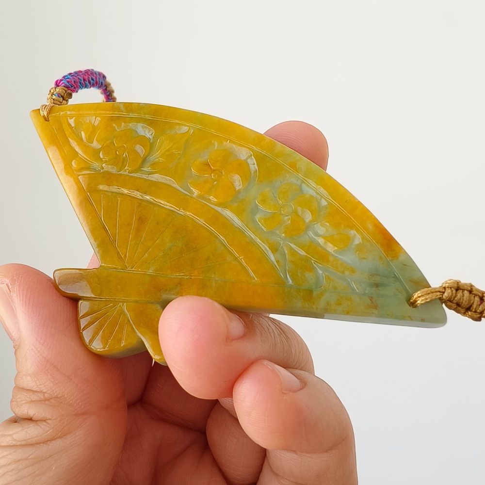 DDP | Unique Certificated Natural Hand Carved Yellow Color Heated 46X88X5mm Burmese Jadeite Fan Pendant With Flowers Carved,DIY Jewelry Supplies