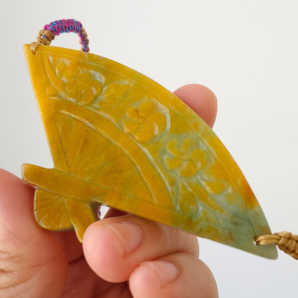 DDP | Unique Certificated Natural Hand Carved Yellow Color Heated 46X88X5mm Burmese Jadeite Fan Pendant With Flowers Carved,DIY Jewelry Supplies