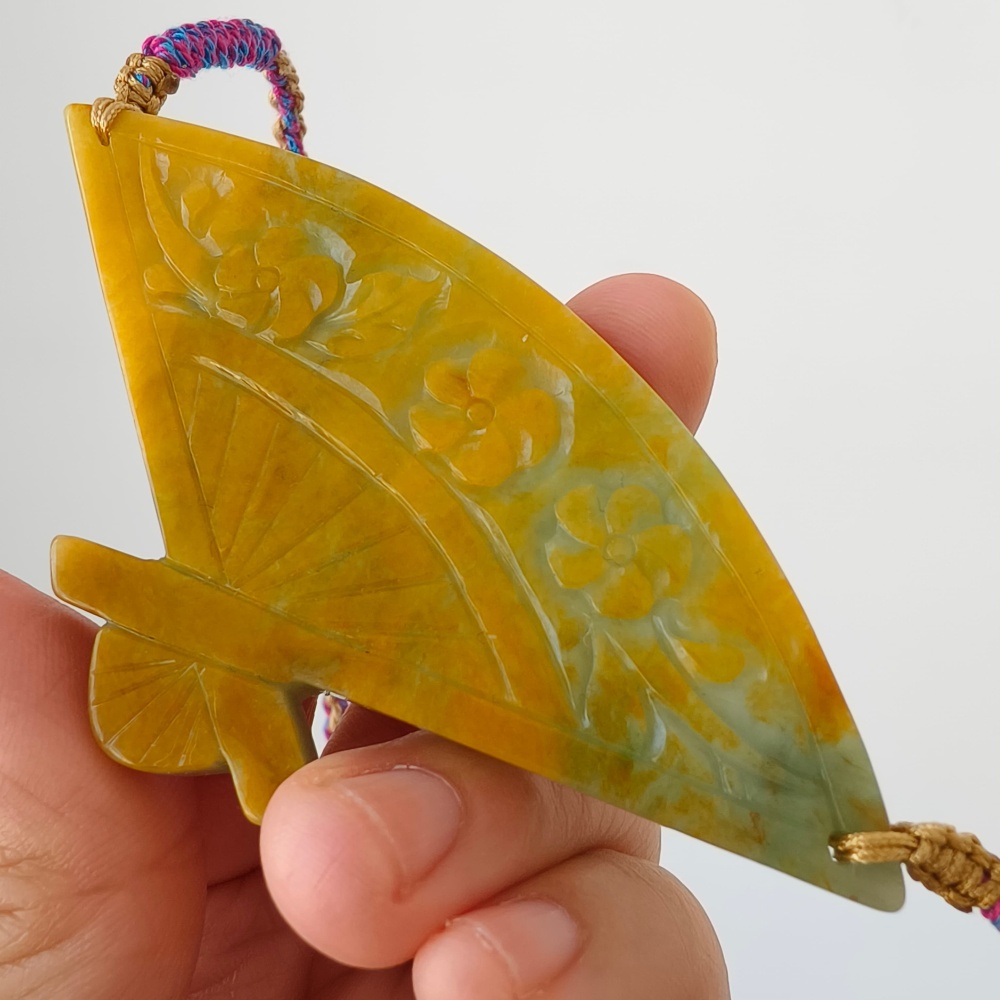 DDP | Unique Certificated Natural Hand Carved Yellow Color Heated 46X88X5mm Burmese Jadeite Fan Pendant With Flowers Carved,DIY Jewelry Supplies