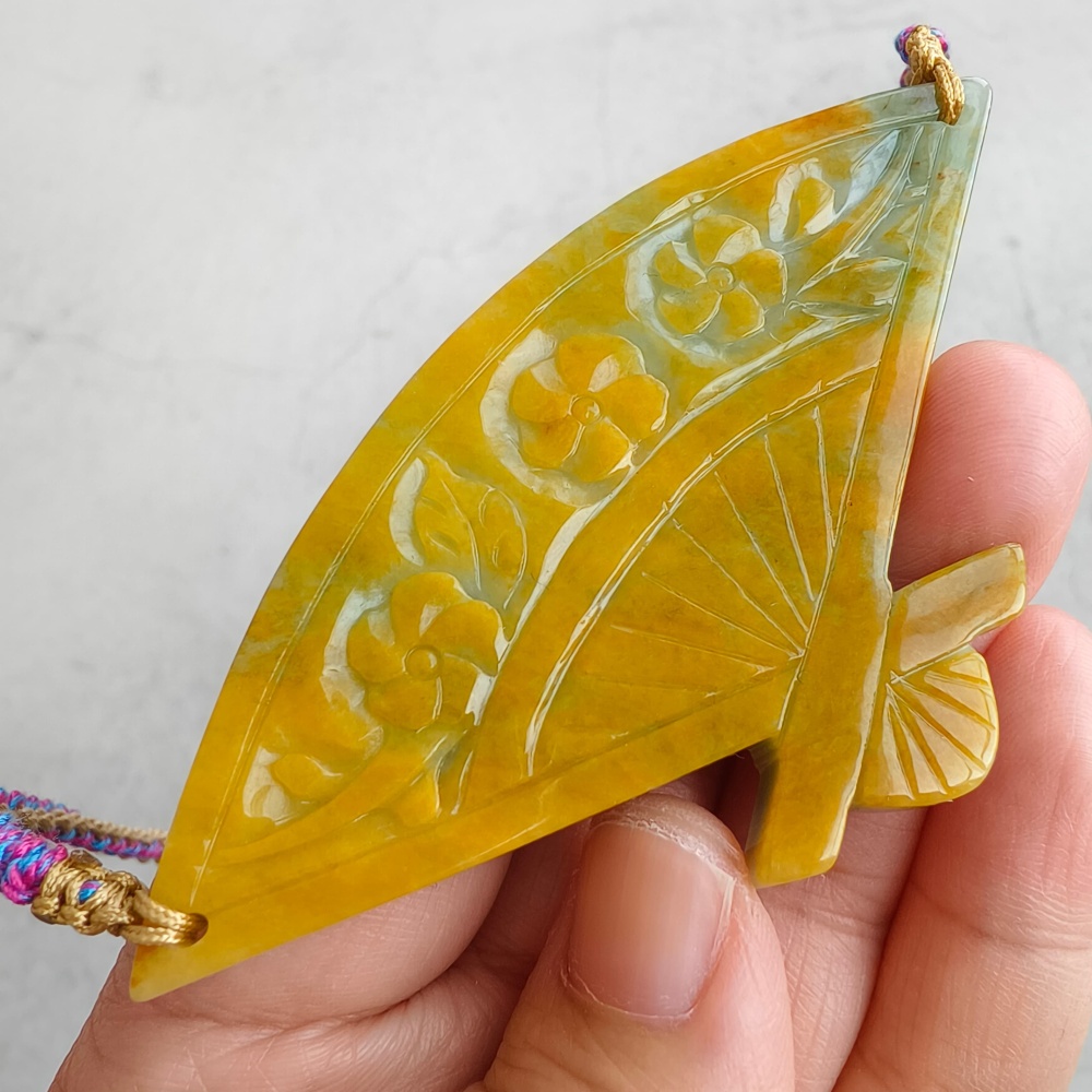 DDP | Unique Certificated Natural Hand Carved Yellow Color Heated 46X88X5mm Burmese Jadeite Fan Pendant With Flowers Carved,DIY Jewelry Supplies