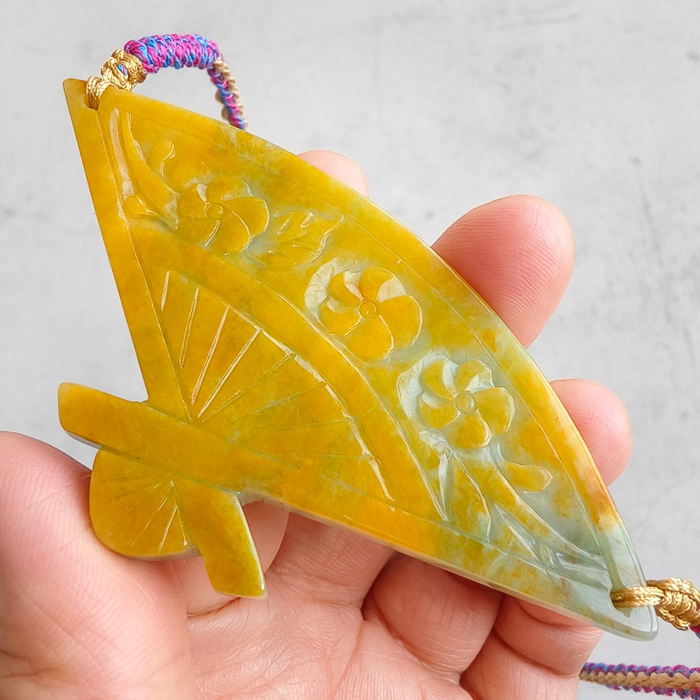 DDP | Unique Certificated Natural Hand Carved Yellow Color Heated 46X88X5mm Burmese Jadeite Fan Pendant With Flowers Carved,DIY Jewelry Supplies