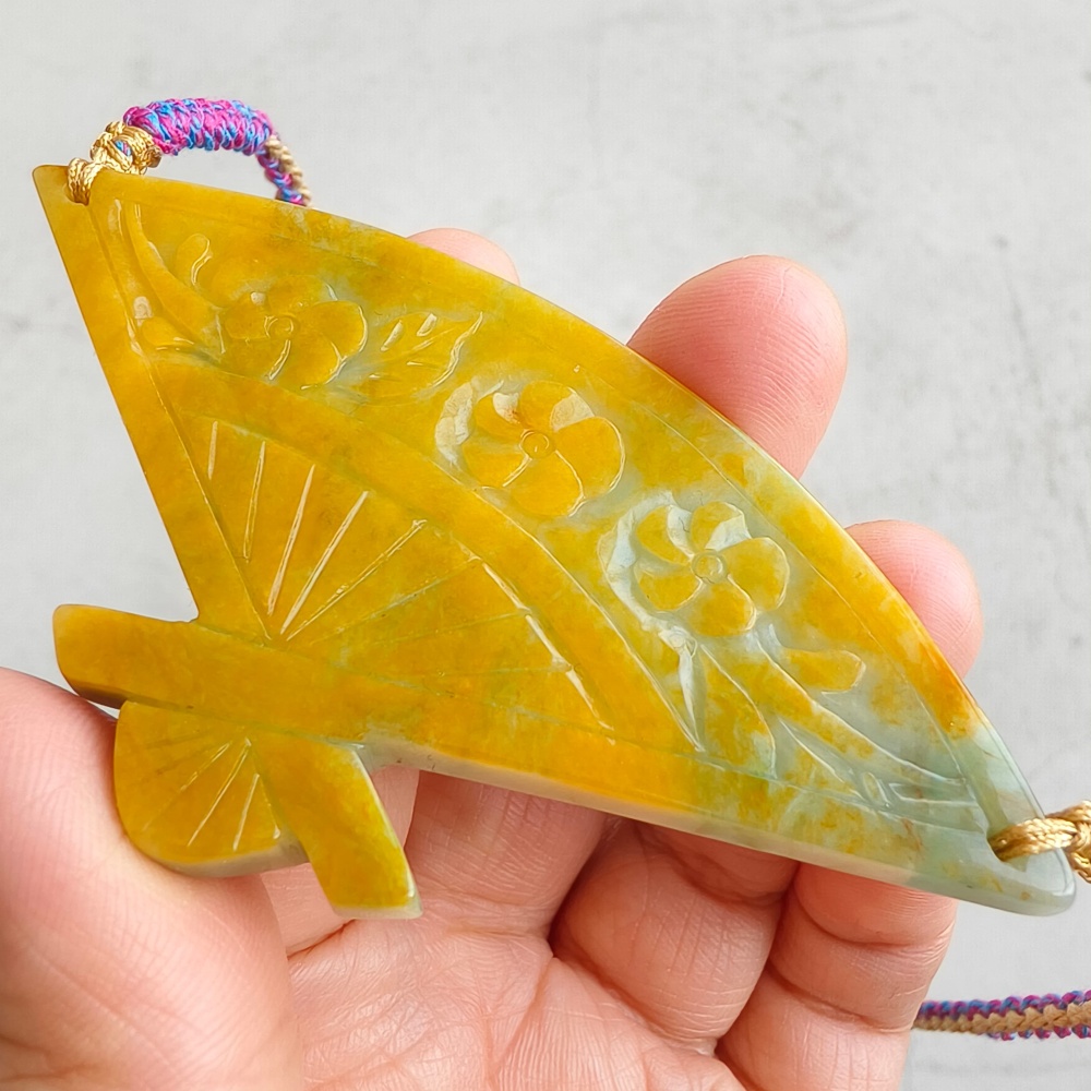 DDP | Unique Certificated Natural Hand Carved Yellow Color Heated 46X88X5mm Burmese Jadeite Fan Pendant With Flowers Carved,DIY Jewelry Supplies