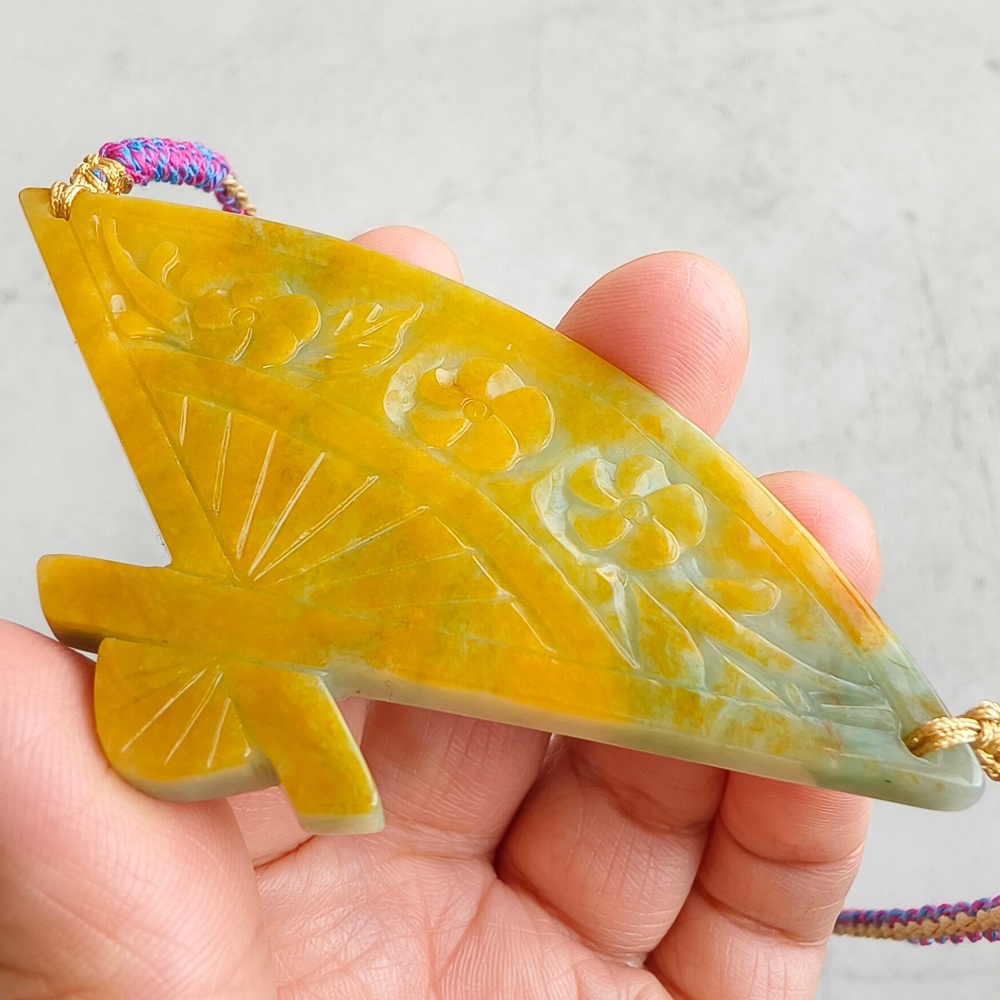 DDP | Unique Certificated Natural Hand Carved Yellow Color Heated 46X88X5mm Burmese Jadeite Fan Pendant With Flowers Carved,DIY Jewelry Supplies