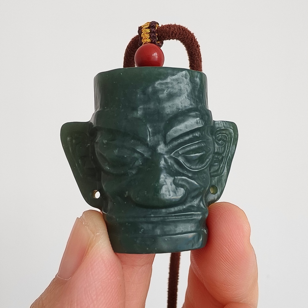 DDP | Natural Certificated 34X38X15mm Dark Green Genuine Nephrite Jade Sanxingdui Pendant,DIY Jewelry Supplies