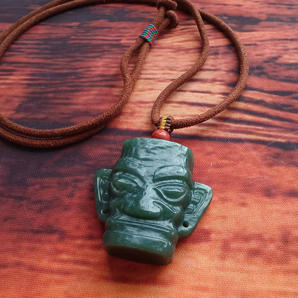 DDP | Natural Certificated 34X38X15mm Dark Green Genuine Nephrite Jade Sanxingdui Pendant,DIY Jewelry Supplies