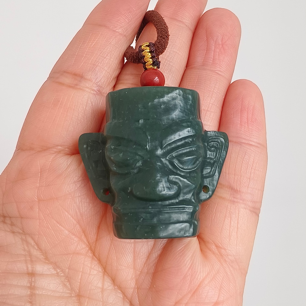 DDP | Natural Certificated 34X38X15mm Dark Green Genuine Nephrite Jade Sanxingdui Pendant,DIY Jewelry Supplies