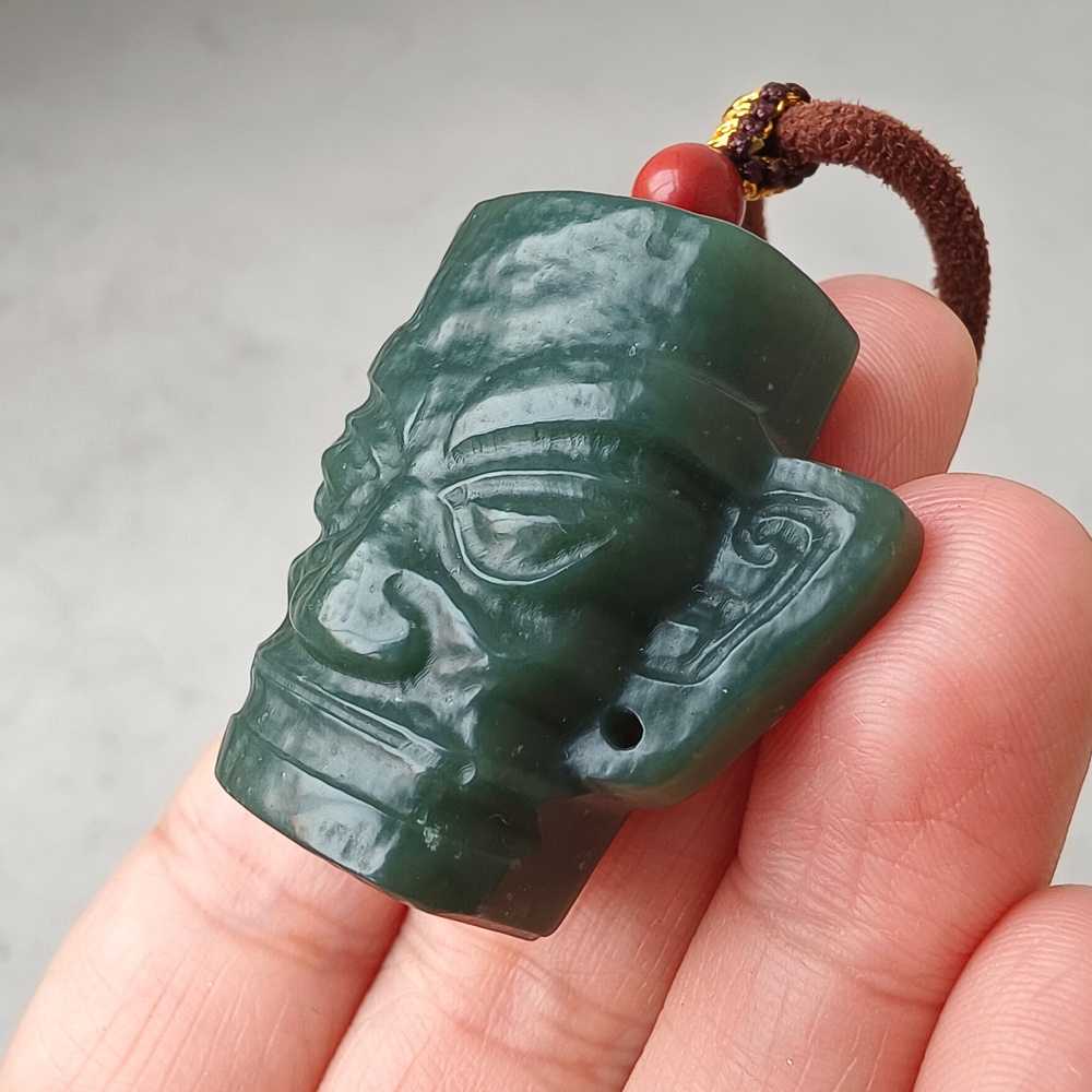DDP | Natural Certificated 34X38X15mm Dark Green Genuine Nephrite Jade Sanxingdui Pendant,DIY Jewelry Supplies