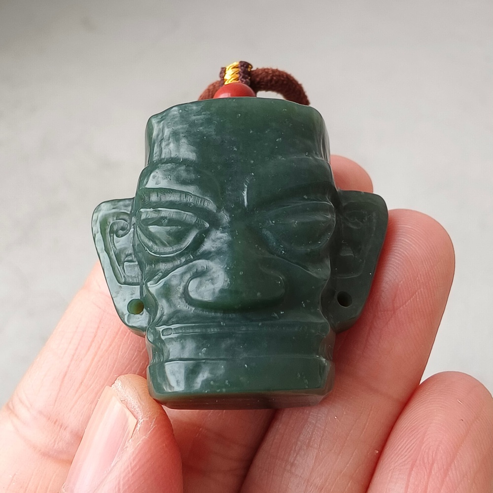 DDP | Natural Certificated 34X38X15mm Dark Green Genuine Nephrite Jade Sanxingdui Pendant,DIY Jewelry Supplies