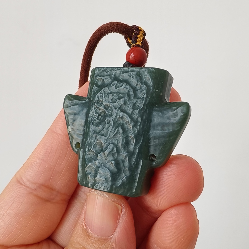 DDP | Natural Certificated 34X38X15mm Dark Green Genuine Nephrite Jade Sanxingdui Pendant,DIY Jewelry Supplies