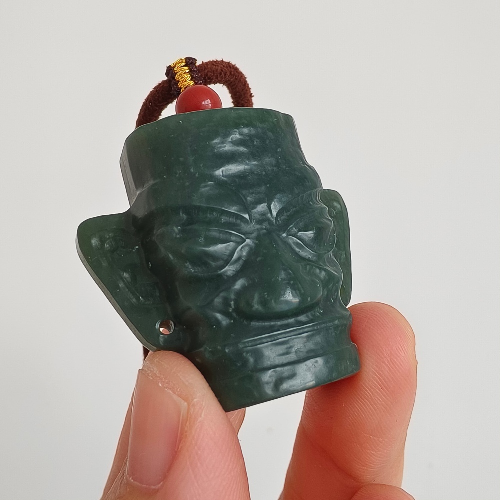 DDP | Natural Certificated 34X38X15mm Dark Green Genuine Nephrite Jade Sanxingdui Pendant,DIY Jewelry Supplies