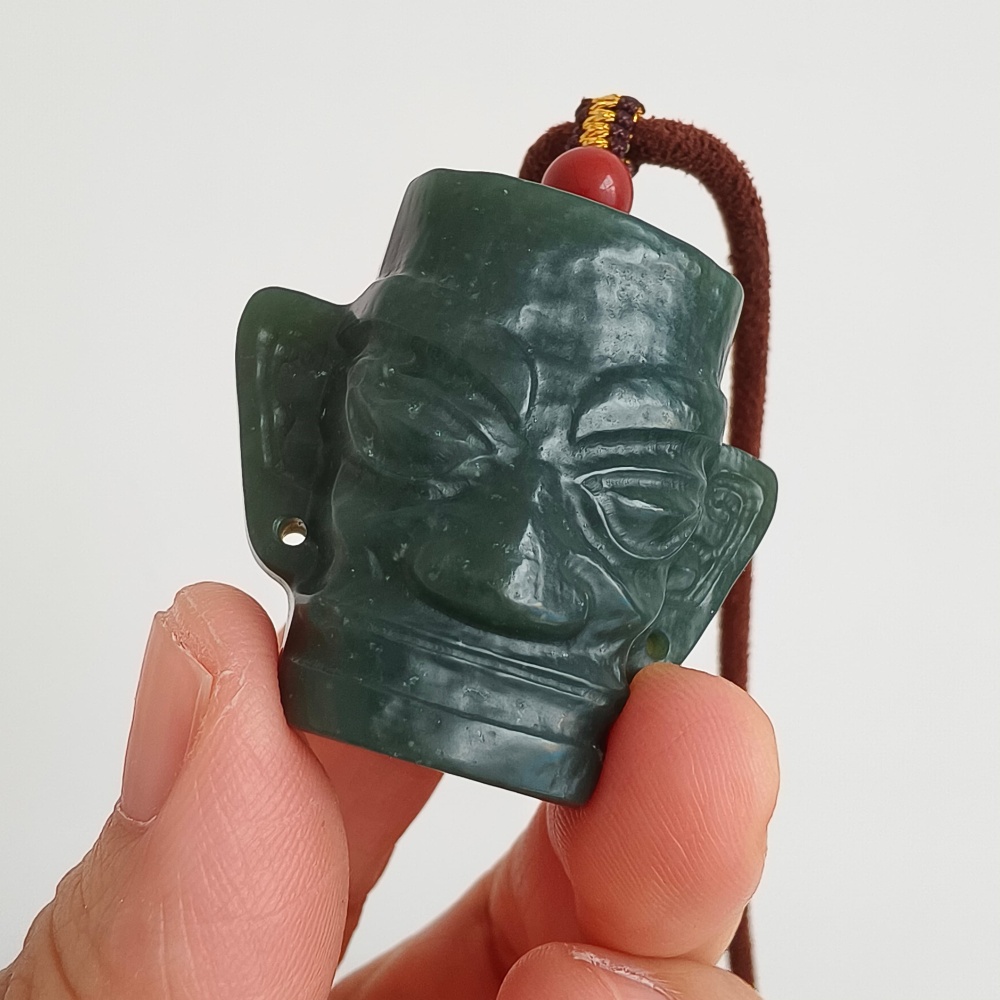 DDP | Natural Certificated 34X38X15mm Dark Green Genuine Nephrite Jade Sanxingdui Pendant,DIY Jewelry Supplies