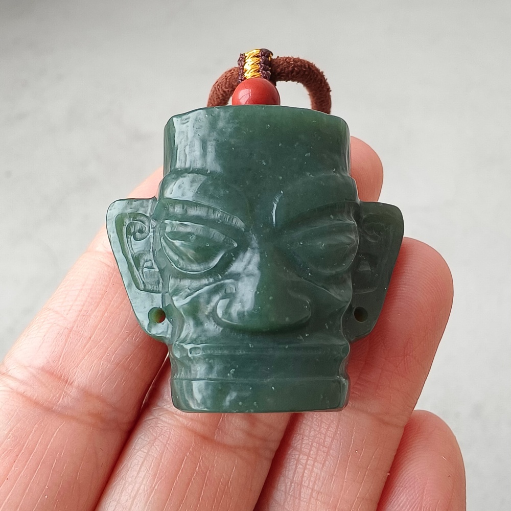 DDP | Natural Certificated 34X38X15mm Dark Green Genuine Nephrite Jade Sanxingdui Pendant,DIY Jewelry Supplies