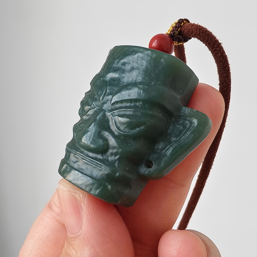 DDP | Natural Certificated 34X38X15mm Dark Green Genuine Nephrite Jade Sanxingdui Pendant,DIY Jewelry Supplies