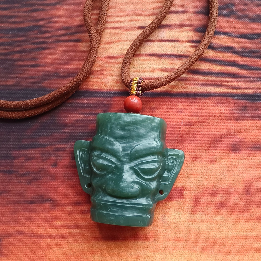 DDP | Natural Certificated 34X38X15mm Dark Green Genuine Nephrite Jade Sanxingdui Pendant,DIY Jewelry Supplies