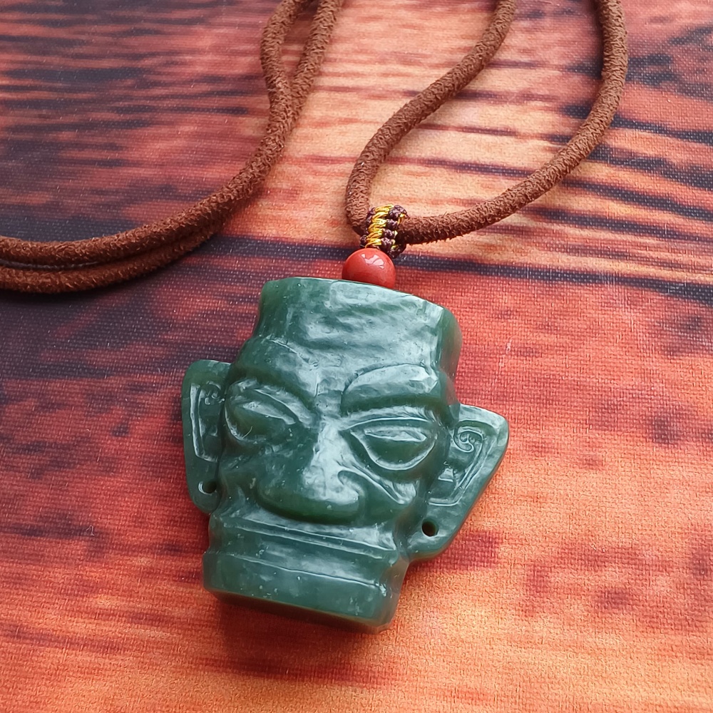 DDP | Natural Certificated 34X38X15mm Dark Green Genuine Nephrite Jade Sanxingdui Pendant,DIY Jewelry Supplies